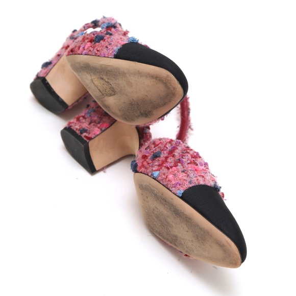 CHANEL Tweed Slingbacks Pumps Leather Pink Black Grosgrain Cap Toe Heels Sz 38C - Picture 11 of 11